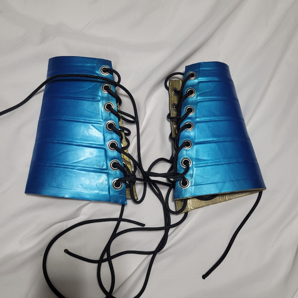 REAL LATEX by DAWNAMATRIX Blue & Silver/ Gold Lace-Up Gauntletts